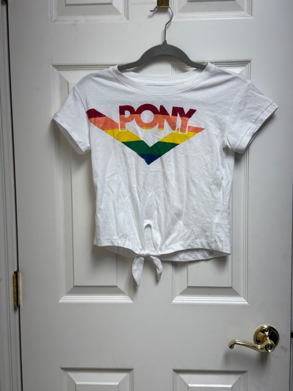 Pony White Short Sleeve Tie-Front Tee with Rainbow Logo